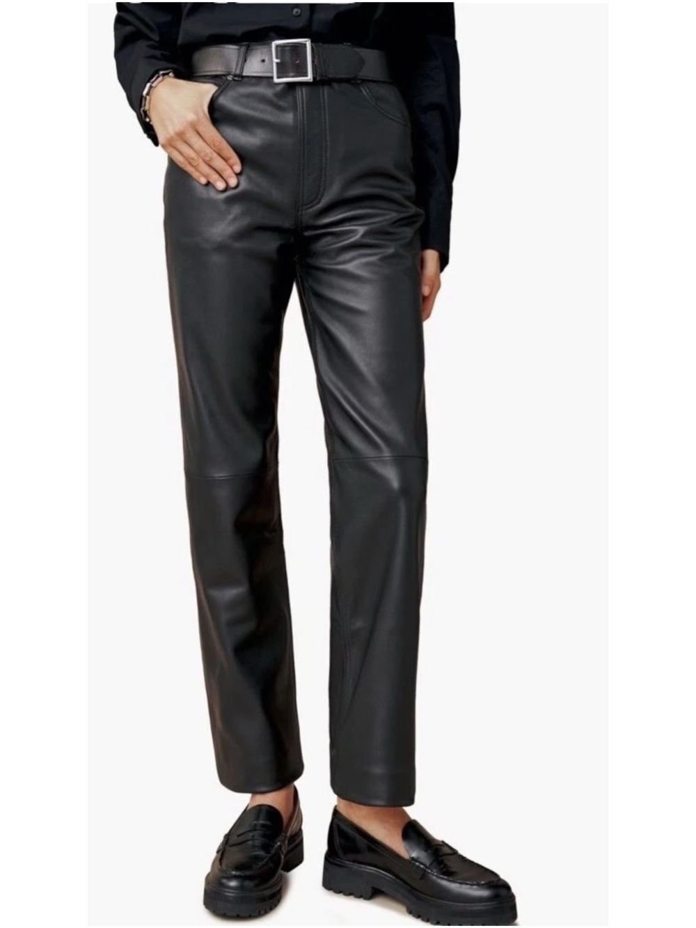 VEDA x Reformation Cynthia Black Straight Leg Ankle Length Lamb Leather Pants